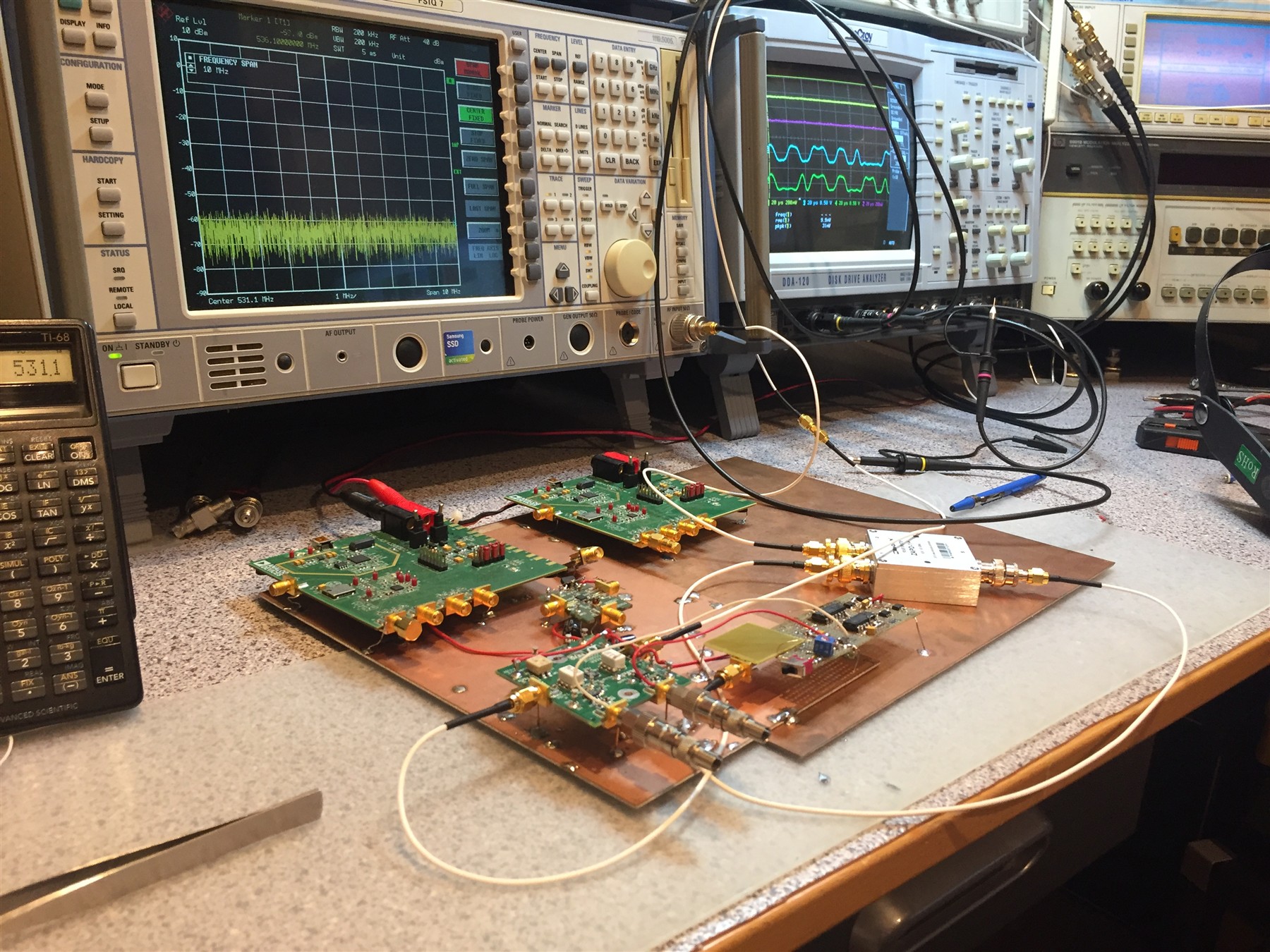 Wireless audio prototypes undergoing RF measurements