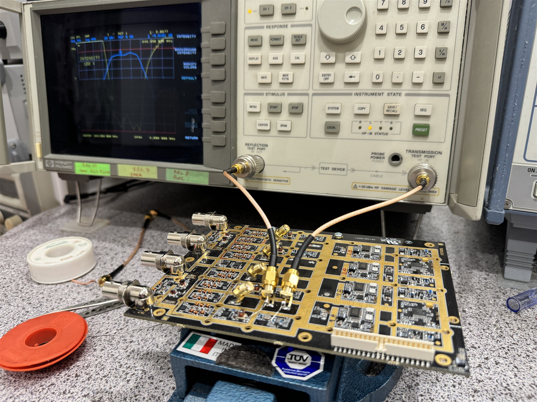RF circuit under measurement on a laboratory bench